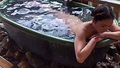 Sakura relaxes in hot springs with Nacchan