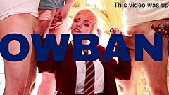 gorgeous british blonde with fake tits plays solo with dildo