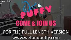 Wetandpuffy - Redhead plays with vibrator up close on blue toy.