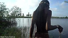 Skinny African village girl walks naked seeking cock outdoors
