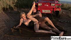 tarra handles a white and black cock at once in a steamy european threesome session.