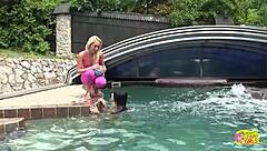 yo, incredible pool sex with pretty blonde and busty brunette! 🔥