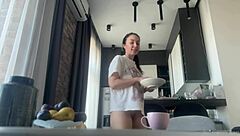 Hey, why’s this fit brunette cleaning with no panties on?