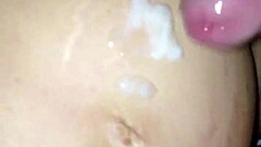 Cum load covers big pregnant belly after pussy fingering and cock masturbation