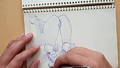 In my sketchbook, I quickly drew a doggy-style pose highlighting foot details with a Parker ballpoint pen.