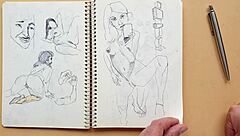 In my sketchbook, I quickly drew a doggy-style pose highlighting foot details with a Parker ballpoint pen.