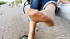 Tan nylon soles tease on bench