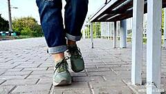 Tan nylon soles tease on bench