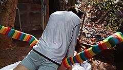 A latina friend uses a sex toy on her pussy outdoors in public.