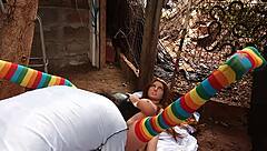 A latina friend uses a sex toy on her pussy outdoors in public.