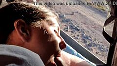 public pissing teen gives risky blowjob on camping to boyfriend