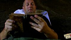 A horny camper covers cave girl in cum using toys and dildo