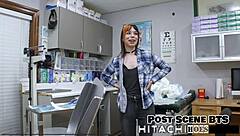 Freshman Ditria Rose gets forced Hitachi vibrator orgasm in latex gloves POV