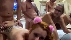 Three hot blondes bent over, giving it up in a wild group session