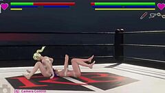 金发女郎在性感摔跤比赛中弯腰，手铐和后入动作