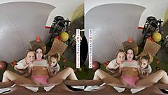 blonde and brunette babes intensely tag team gym stud with ball licking