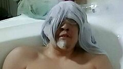 Cyno enjoys solo bubble bath fun in cosplay.