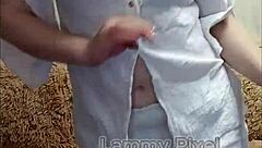 Horny brunette Lammy Pixel stripteases and shows off her gorgeous ass