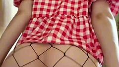 innocent skinny girl teases with big dildo through pantyhose in softcore solo fetish until beautiful amateur orgasm