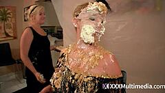 2 blondes get wet and messy and pie eachother in the face