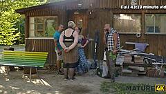 in a casual narrative, mature diana with big natural saggy tits dominates in cheating outdoor sex with two czech strangers watching her big ass.