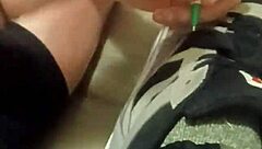 Why is my friend having so much fun trashing my sneakers? Provocative foot fetish scene.