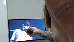 Redhead wife video calls lover while husband watches and masturbates on her tits