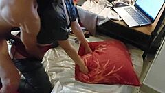 French amateur in satin lingerie enjoys clothed doggystyle with blowjob and rimjob.