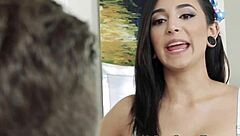 teenage aupair in lingerie gives blowjob handjob to big cock with facial banging