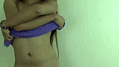 Small tits ladyboy jerks off solo