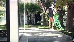 Housewife milf blonde gets hardcore sex with the gardener in the outdoor garden 😏