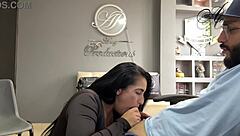 Manager makes teen 18+ brunette sign contracts before first time cumshot facial from sucking licking blowjob in beautiful office.