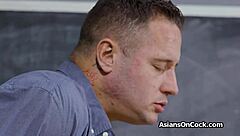 asian spinner rides teacher's cock by chalkboard in classroom