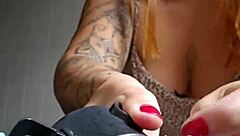 She wears tight shorts stuffed in big pussy for exhibitionist flash