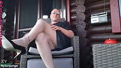 Chubby Amateur Relaxing Outdoors in Heels and Pantyhose