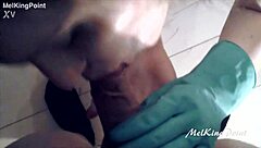 blonde milf sucking cock with plastic gloves passionately
