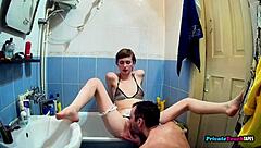 my skinny maid sucks my cock in the bathroom then gets fucked for excellent service