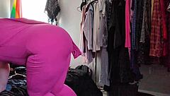 Trying on a stretchy pink bodysuit