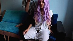 The cute girl with purple hair delights in my penis