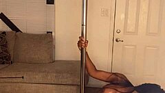 Ebony Divine with huge pole shaking fat ass and big tits on a pole