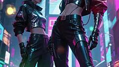 Curvy model poses in sexy future cyberpunk outfits during photoshoot.