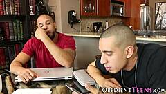 Blonde teen feels intense domination from two monster cocks in rough 3some blowjob session