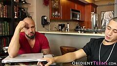 Blonde teen feels intense domination from two monster cocks in rough 3some blowjob session