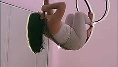 Asian babe RIPS clothes in HEELS during pole DANCING and aerial HOOPS
