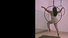 Asian babe RIPS clothes in HEELS during pole DANCING and aerial HOOPS