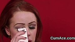 Unusual stunner gets cumshot on her face sucking all the sperm!