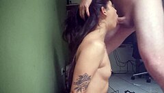 wife performs deep throat on husband in quickie session