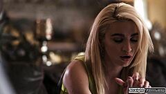 Blonde faces tough choice to avoid exposure by engaging with a dominant guy in a hairy situation