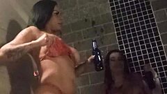 Three Brazilian hotties massage asses in hot tub