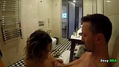 Isn't it tempting how Sexydea shakes her ass in heels during a quickie shower casting fuck, cowgirl riding that cock with tan lines?